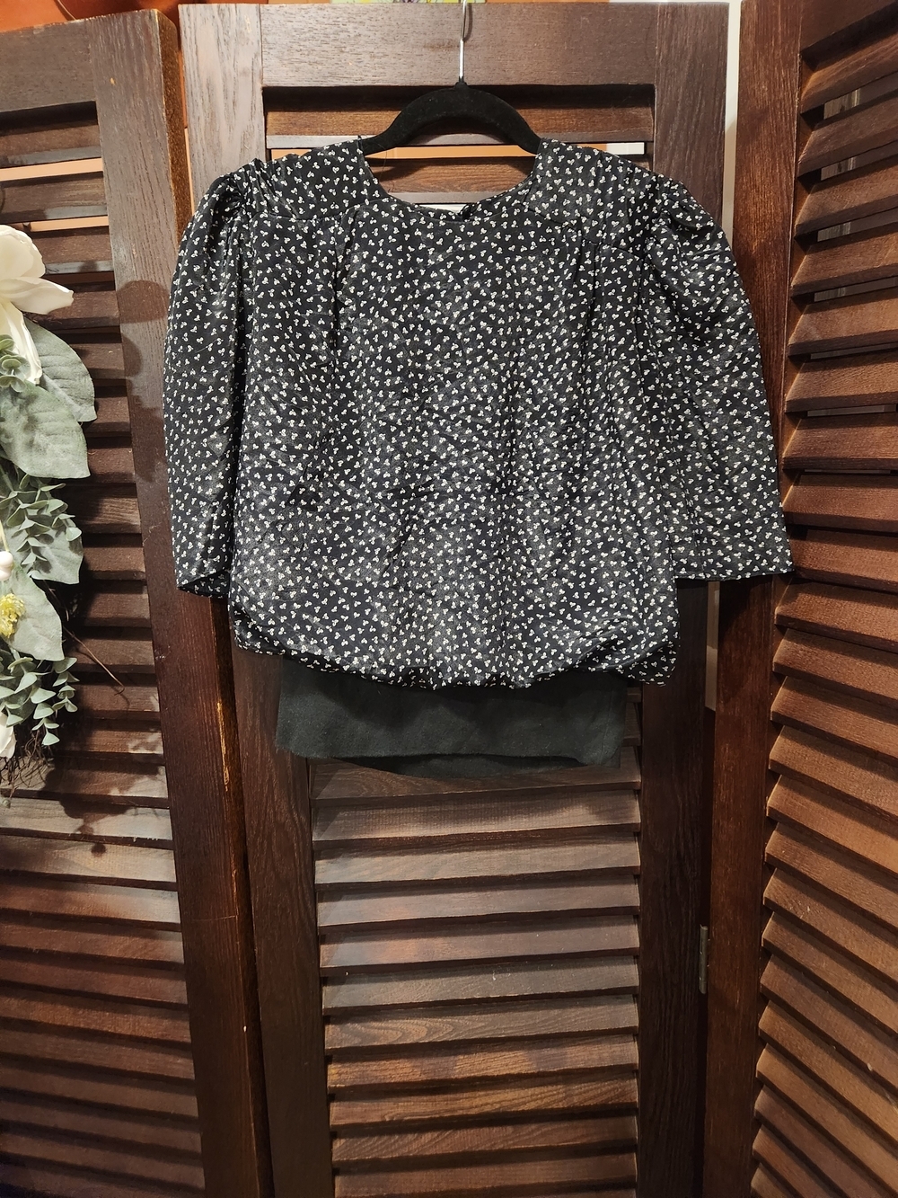 Vintage Black Floral Print Puff Sleeve Blouse